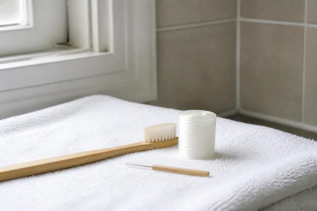 A soft toothbrush, dental floss and an interdental brush on a white towel