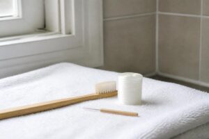 A soft toothbrush, dental floss and an interdental brush on a white towel