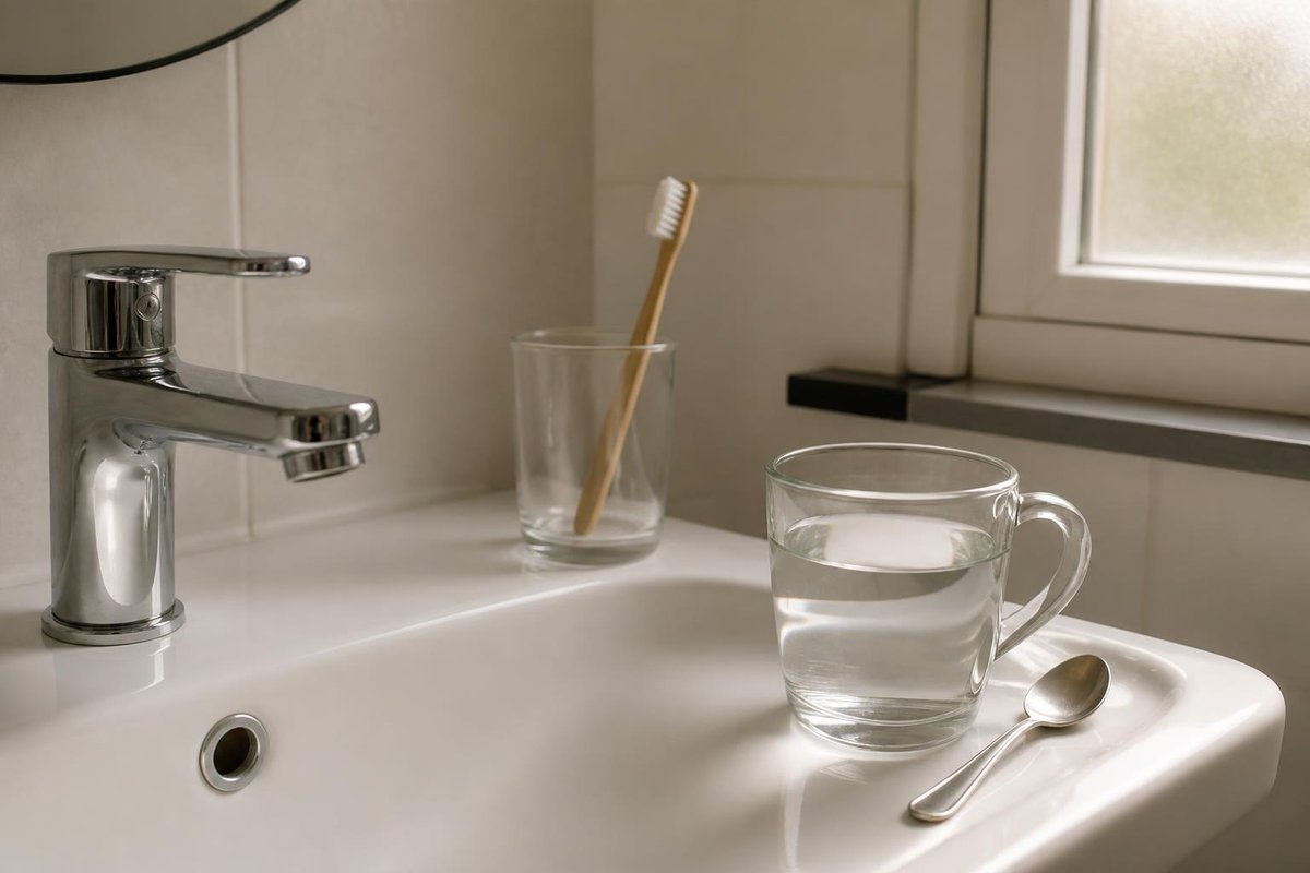 A toothbrush in a glass and a mug of warm water on a bathroom sink