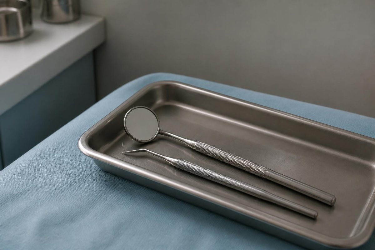 A dental mirror and explorer on a sterile tray