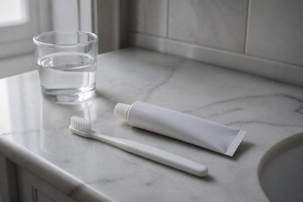 A toothbrush, toothpaste and a glass of water on a bathroom counter
