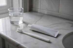 A toothbrush, toothpaste and a glass of water on a bathroom counter