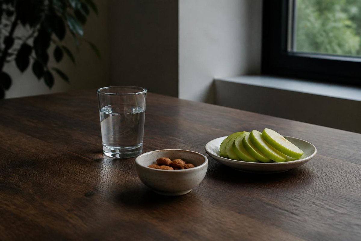 Water, almonds and sliced apple on a wooden table